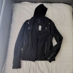 Men's Faux Leather Jacket with Hood - M